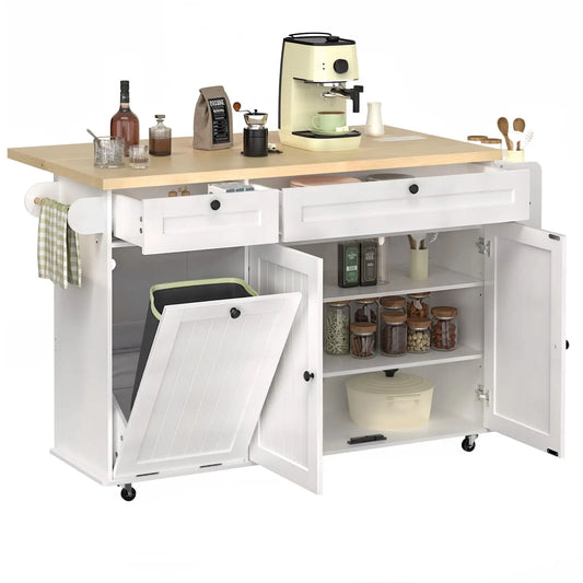 60" Mobile Kitchen Islands Rolling Trolleys Kitchen Island Table Drop Leaf Home Carts with Power Outlet Spice Towel Rack Trash